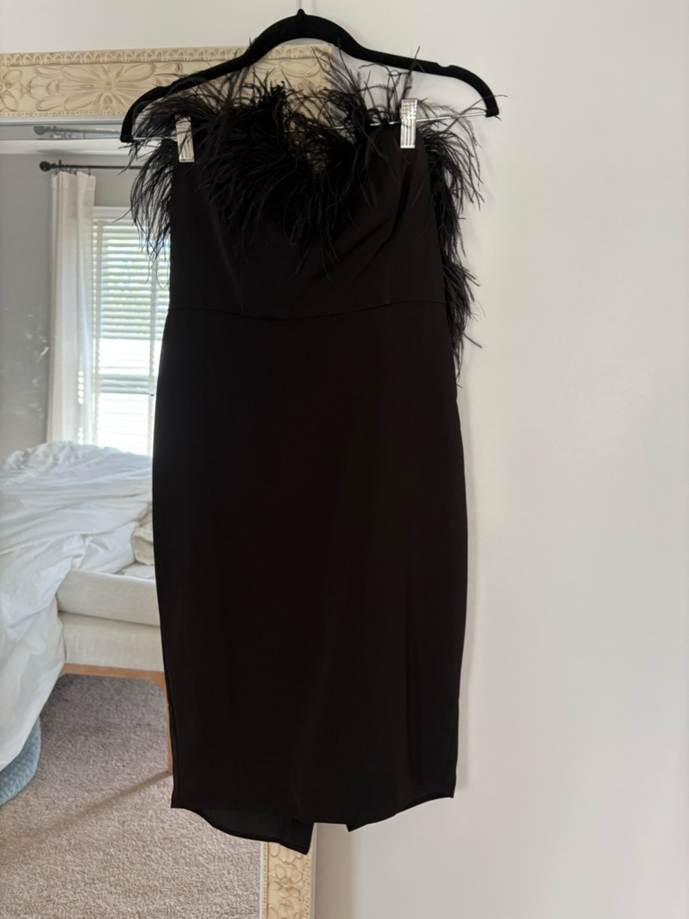 LPA Black Strapless Feather-Trim Midi Dress